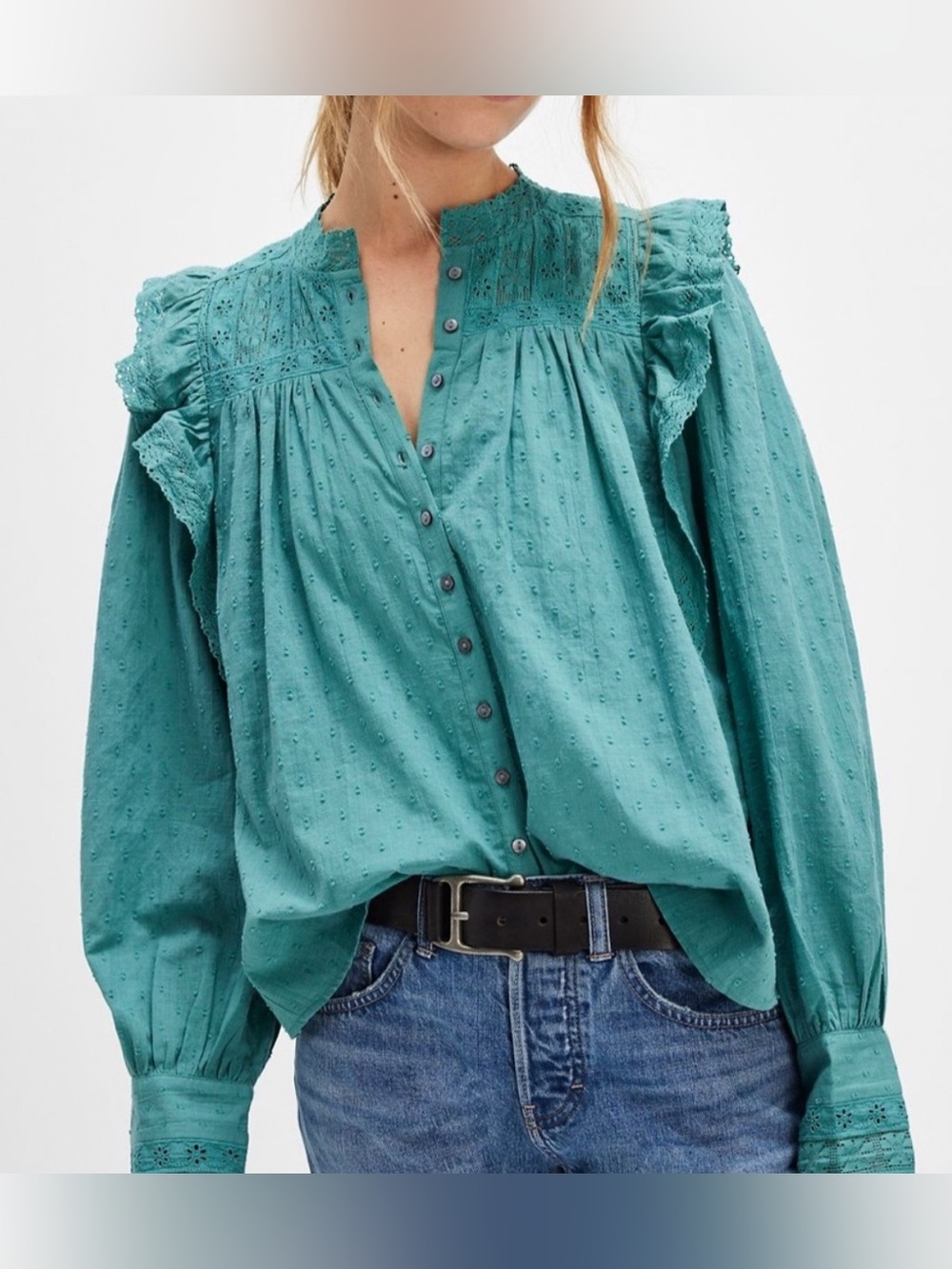 Free People Womens "Wrapped In A Dream" Long Sleeve XL Teal Blouse         3402I